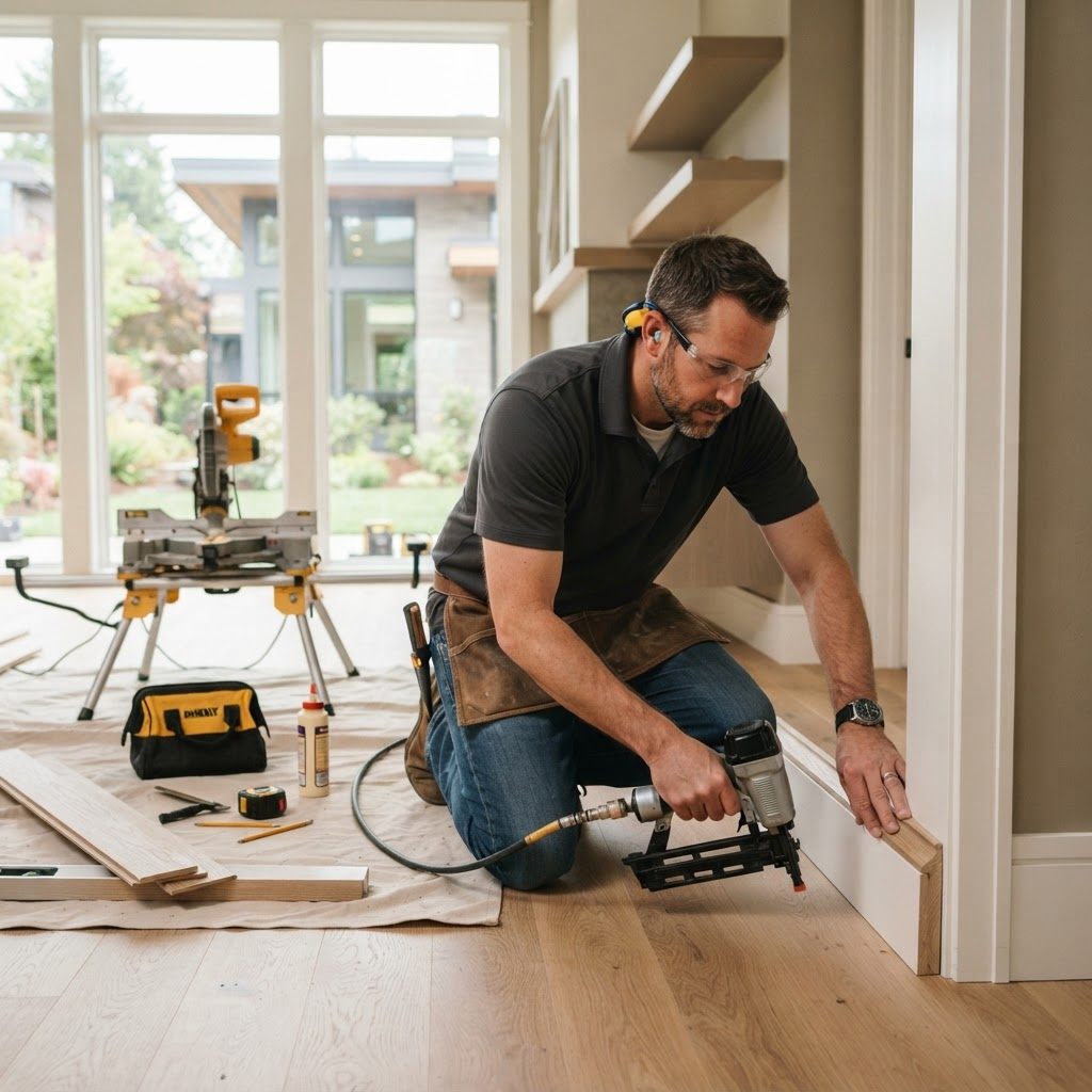 Skilled Alpha Works Construction craftsman installing finish carpentry in Massachusetts