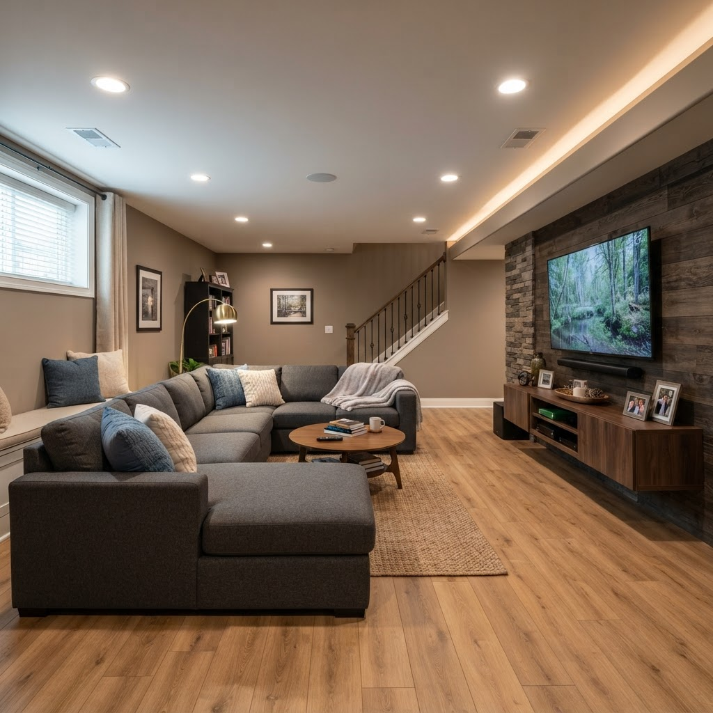 Finished basement family room in Massachusetts