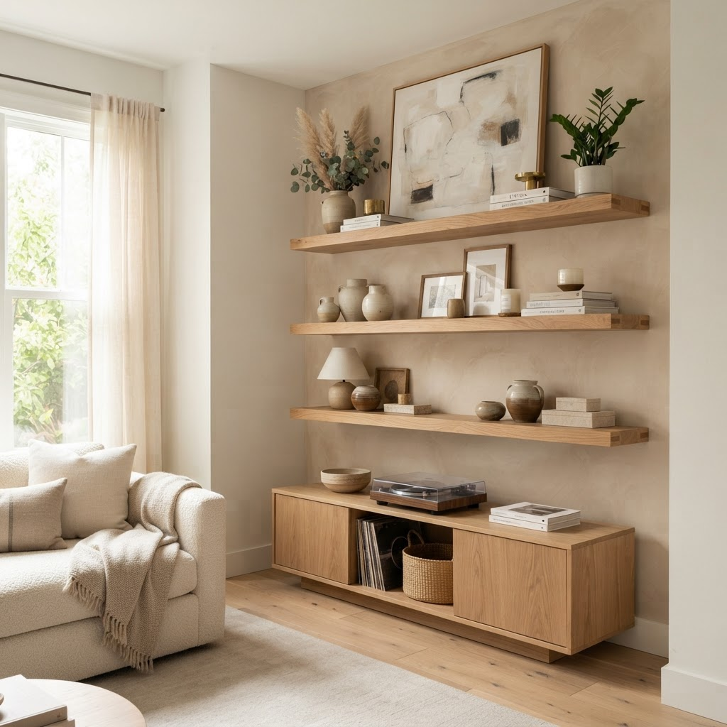 Custom floating shelves carpentry in Massachusetts