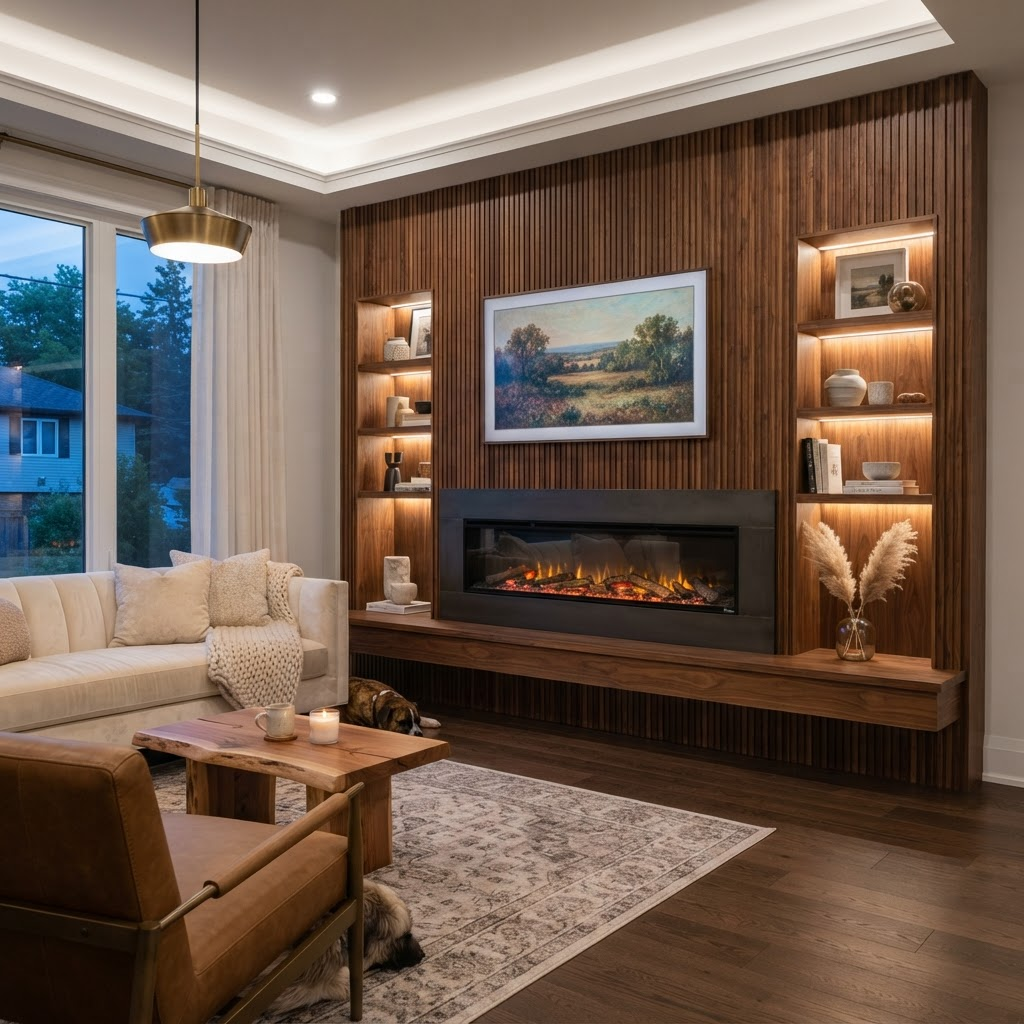 Custom fireplace wall finish carpentry in Massachusetts