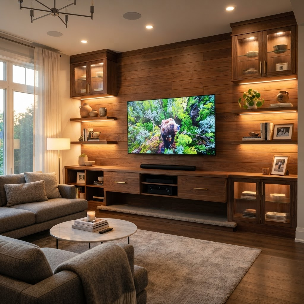 Custom media wall in Massachusetts home