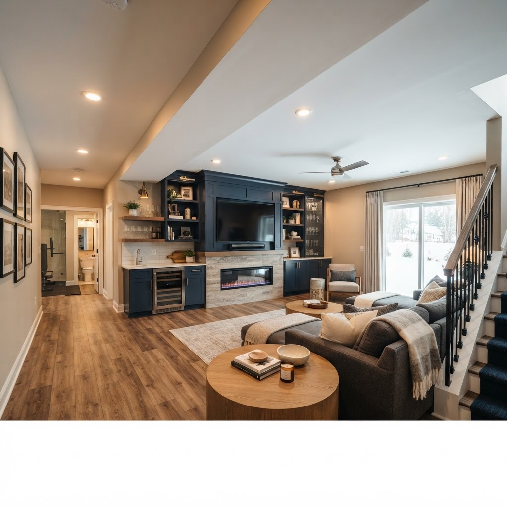Modern remodeled basement living space by Alpha Works Construction in Massachusetts